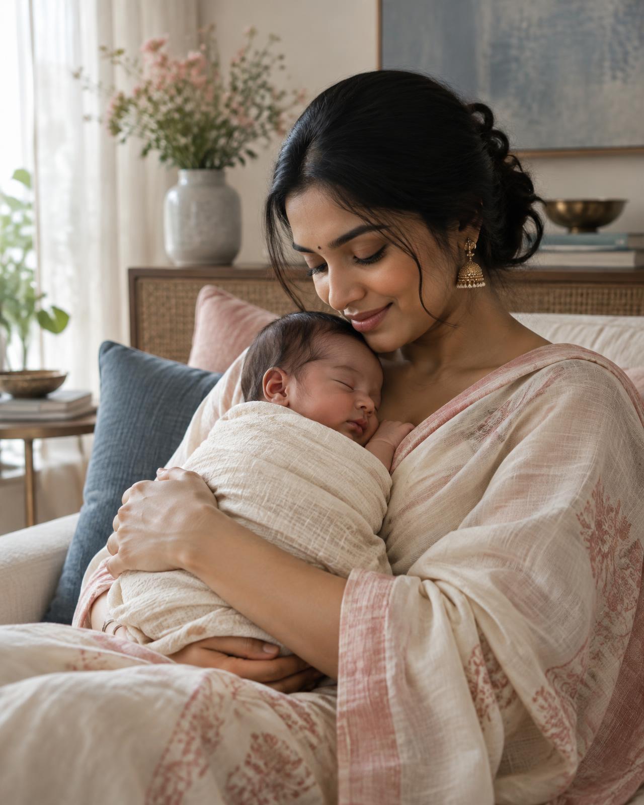 A mother holding her sleeping newborn